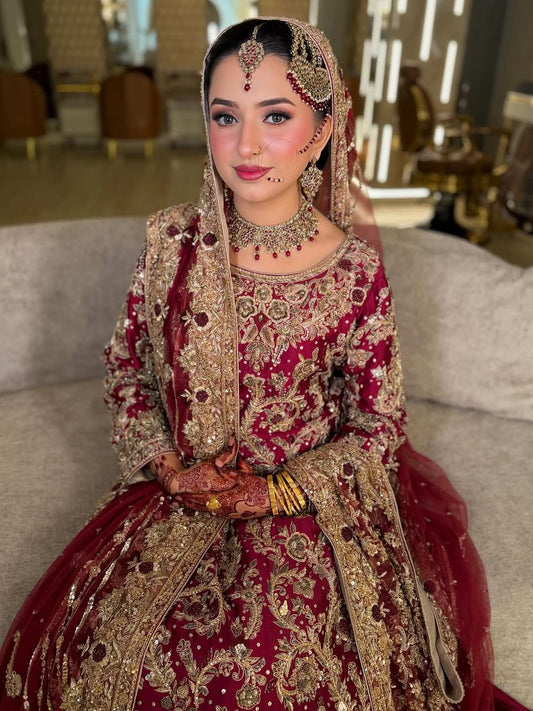 Royal Crimson Bridal Ensemble – Luxury Hand Embellished Couture