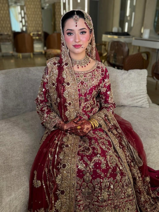 Royal Crimson Bridal Ensemble – Luxury Hand Embellished Couture